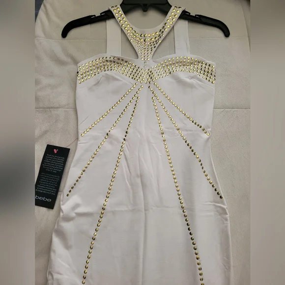 white dress with gold studs V-Neck Sequin Dress